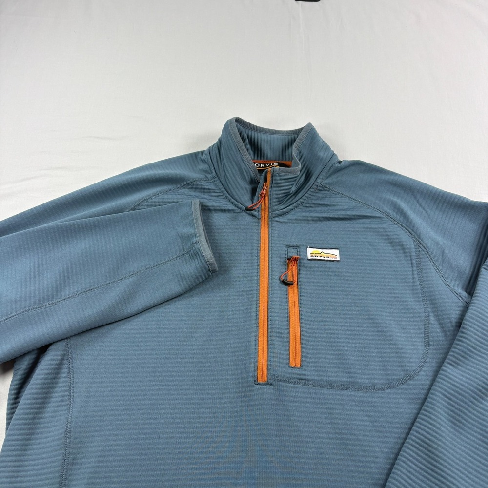 Orvis Sweater Mens Large Blue Horseshoe Hills 1/4 Zip Pullover Ribbed Stretch